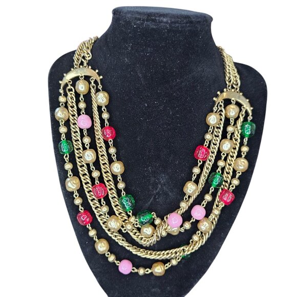 VTG 60s Multi-strand Bib Necklace Goldtone Glass Beads Red Pink Green MCM 17-20" - Picture 2 of 11